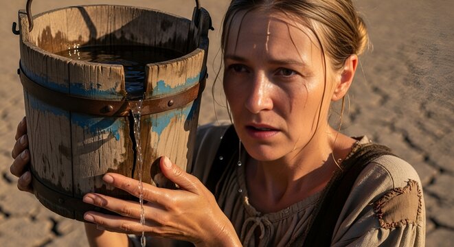A weary woman with sweat-drenched skin holds a leaking wooden bucket, emphasizing the preciousness