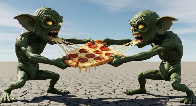 Two grotesque, green-skinned creatures with glowing yellow eyes and sharp teeth tussle fiercely