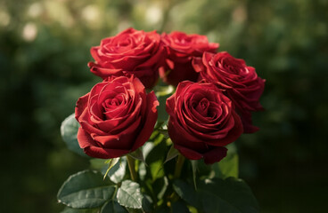 Fototapeta premium Five vibrant red roses in full bloom cluster together, their rich petals glowing against the soft green background.