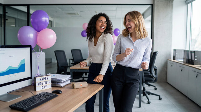 Women's Day office young professionals dancing desk sign balloons celebrating joy energy enthusiasm teamwork for corporate social media business communication workplace culture marketing content