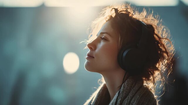 A serene young woman listens to music through headphones, basking in gentle sunlight with a calm expression. The image captures a moment of relaxation, mindfulness, and contemporary urban living