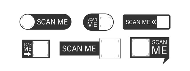 Scan me Frame. Mobile buy now with black Scanner set. App box for barcode and QR code. Phone camera Frame with payment button and shop identification icon. Vector illustration.