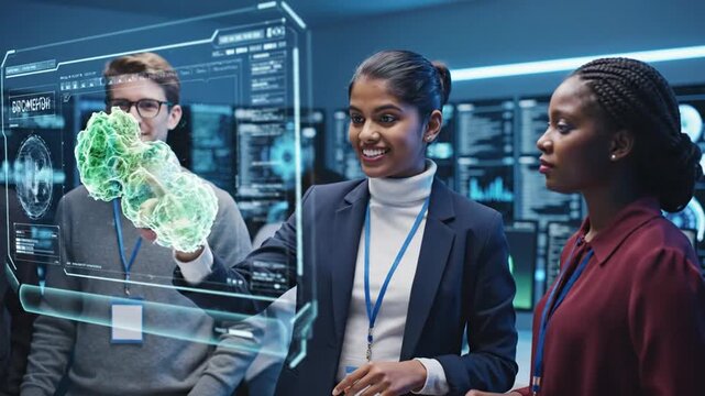 Diverse Scientists Analyzing 3D Cell Model in High-Tech Lab