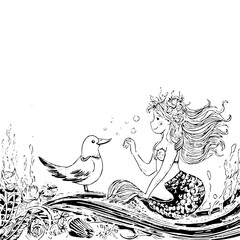 Fototapeta premium Mermaid Talking to Bird Underwater
