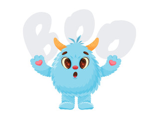 Blue Fluffy Monster With fear Expression Waving Paws In Friendly Mascot Pose