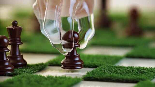 Chess game with green grass board and transparent hand moving pawn.