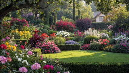 Obraz premium Beautiful garden with a house in the background. The garden is full of colorful flowers and plants, and the grass is well-maintained