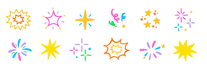 Obraz premium Star sticker crayon texture icon set. Star icon kid sketch hand drawn line marker crayon brush color texture..Cute cartoon funny childish magic twinkle glow pastel decoration. Vector illustration.