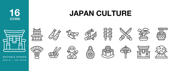 Obraz premium Japan Culture icon set. Includes japan, japanese, culture, tradition, heritage, temple and More. Editable Stroke Icon Collection.