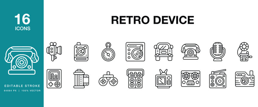 Retro Device icon set. Includes retro, device, vintage, analog, classic, old school and More. Editable Stroke Icon Collection.