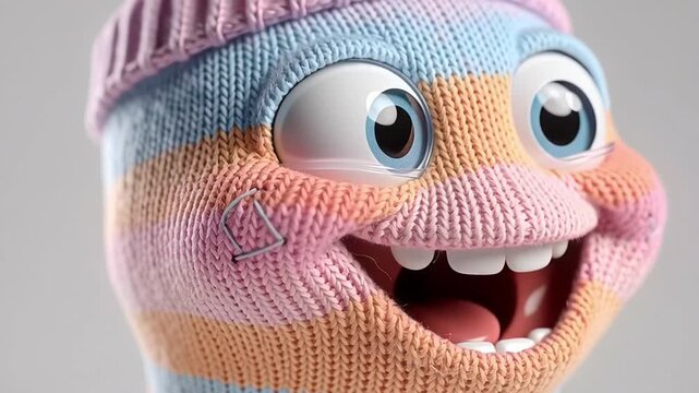 Knitted Sock Puppet with Googly Eyes and Wide Smile.