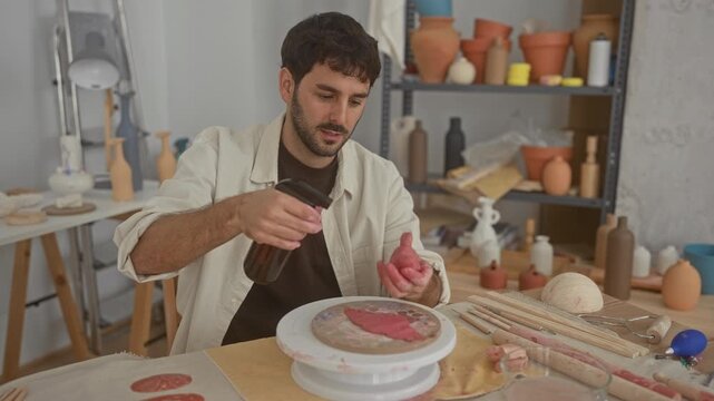 Man spraying a bottle onto a lump of clay while holding it in his hands on a turntable in a studio; craft practice serenity.