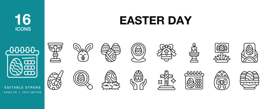 Easter Day icon set. Includes easter, holiday, celebration, spring, christian, church and More. Editable Stroke Icon Collection.