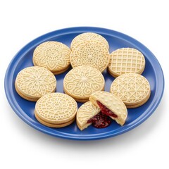 Assorted cookies on a blue plate with one cookie opened to show filling