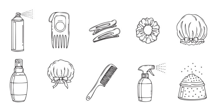 Essential hair care products, styling tools, and hair accessories for personal grooming, beauty routines, and professional salon use, ideal for educational content or product branding.