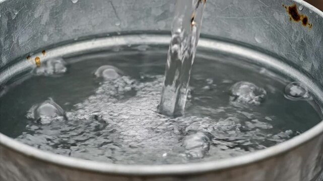 Clear water pouring into a metal bucket, creating bubbles and ripples.