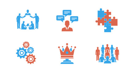 Fototapeta premium Six distinct icons arranged in two rows of three featuring business and teamwork concepts