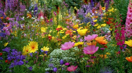 Obraz premium Vibrant Meadow Overflowing With Diverse Wildflowers In Full Bloom Under Bright Daylight