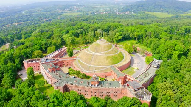 Krakow, Poland. Barrow Kosciuszko (Krakow). Historical monument. The construction of the mound was completed in 1823. Drone footage, Point of interest