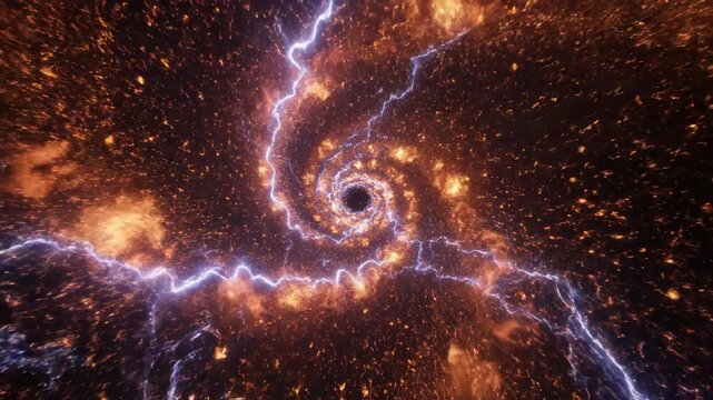 Realistic Fire and Electric Wormhole Portal Flythrough with Orange Flames and Blue Lightning on Black