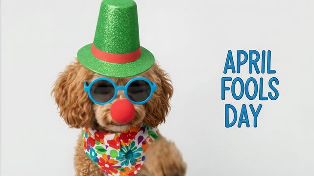 Cute poodle dog dressed as a clown for April Fools Day with hat and glasses