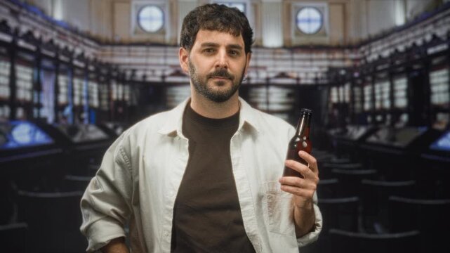 Man holding beer bottle, hand gripping neck, visible beard and casual shirt in building hall with ornate interior; contemplation.