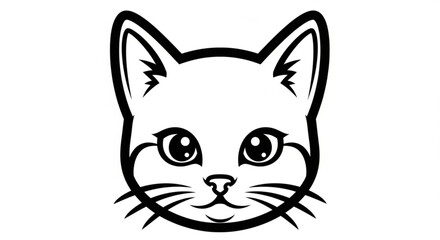 Obraz premium Black and white cartoon cat face with big eyes and whiskers on plain background