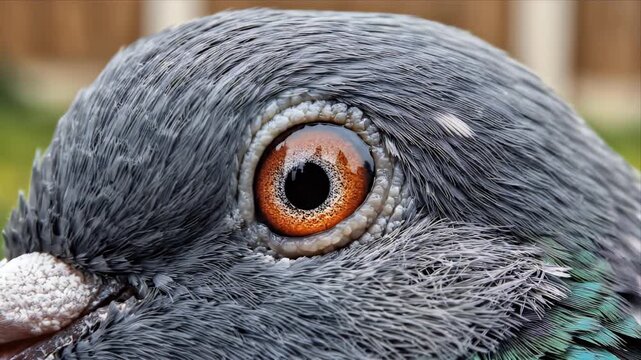 Extreme Close Up Macro Shot of a Pigeon's Eye Showing Intricate Feather Detail and Vibrant Orange Iris