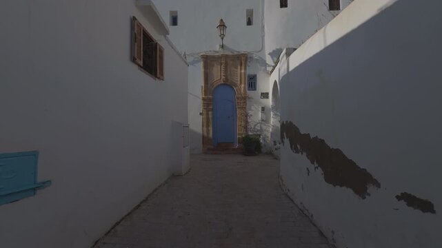Charming Blue and White Street with Painted Door in Kasbah des Oudayas, Rabat