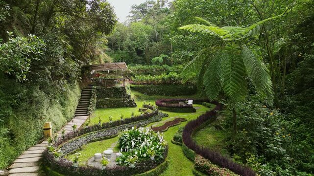 Ascending aerial view of landscaped Mount Costa Garden and lush tropical vegetation in La Trinidad, Benguet, Philippines