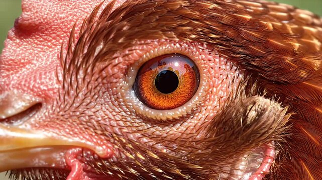 Extreme close up of a chicken's eye showing intricate feather detail and red comb in natural daylight with shallow