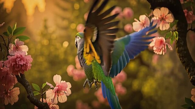 Colorful Bird on Cherry Blossom Branch