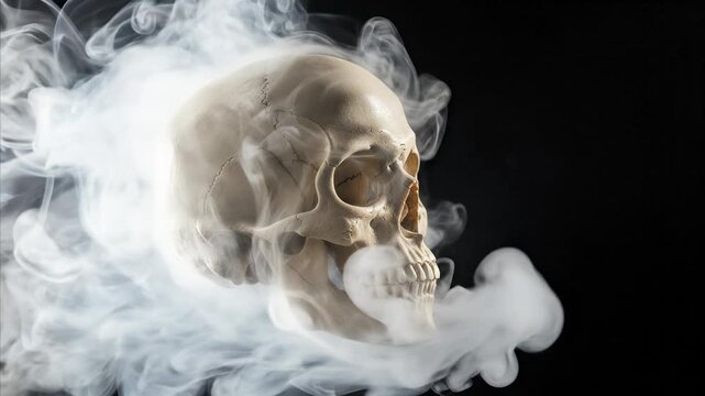 Eerie human skull emerging from white smoke against a dark background