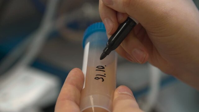 Detailed Writing Of Dates And Identifiers On Laboratory Sample Containers For Traceability . Stock clip