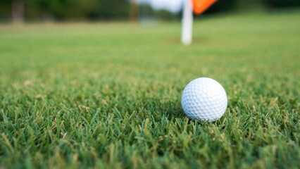 Obraz premium White golf ball is sitting on the grass next to a golf tee. Concept of calm and relaxation, as it is a typical scene on a golf course. The ball is the main focus of the image