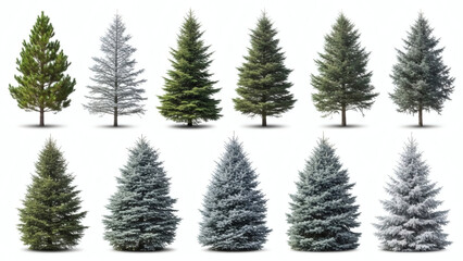 Obraz premium Diverse Collection of Evergreen Conifer Trees, Including Spruce and Fir, in Various Green Hues and Winter Frost, Ideal for Seasonal and Nature-Themed Design Projects