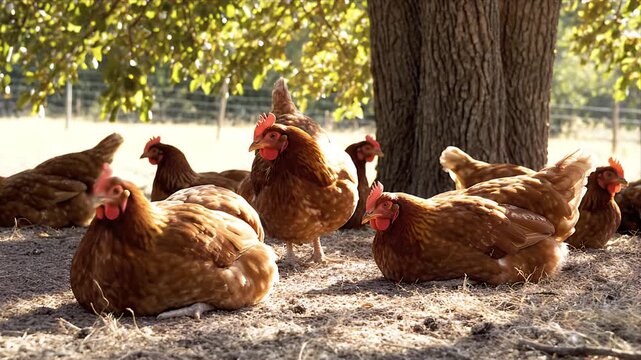 Flock of brown chickens resting and pecking in a sunlit farmyard with dappled light under a large tree on a sunny day