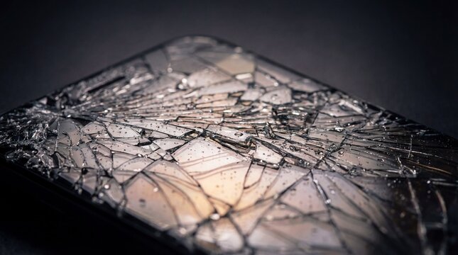 Shattered smartphone screen lying on dark surface viewed from above closeup