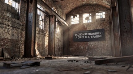 Fototapeta premium Abandoned industrial building interior with sign indicating short deprivation