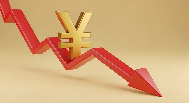 Golden Japanese yen currency symbol rests upon a steep descending red arrow indicating significant economic market depreciation and financial loss