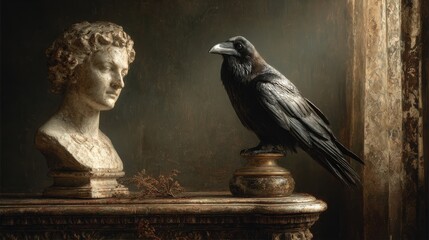 Fototapeta premium Raven Perched on Classical Sculpture in Dimly Lit Room
