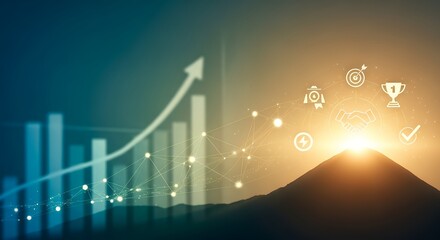 An upward trending graph and abstract business icons emerge from a glowing mountain landscape at sunrise.