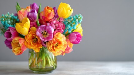Fototapeta premium Vibrant Spring Flower Bouquet With Tulips Hyacinths And Muscari In Glass Vase Soft Gray Background