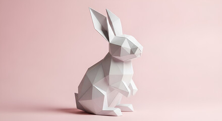 White low poly 3D rabbit illustration with a modern geometric style on a soft pink background, perfect for minimalist design, creative concepts, and digital art.