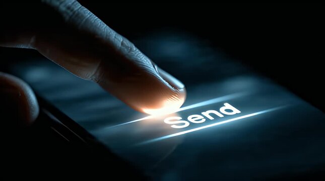 Person Touching Send Button on Smartphone Screen.