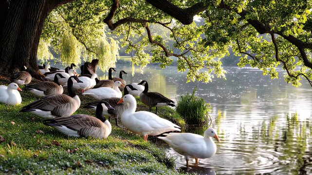 Flock of Geese and Ducks Resting on Grassy Shoreline Under Lush Green Tree Canopy by Calm Water Reflecting Sunlight