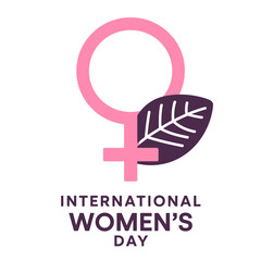 Obraz premium Pink female symbol with purple leaf and International Women's Day text