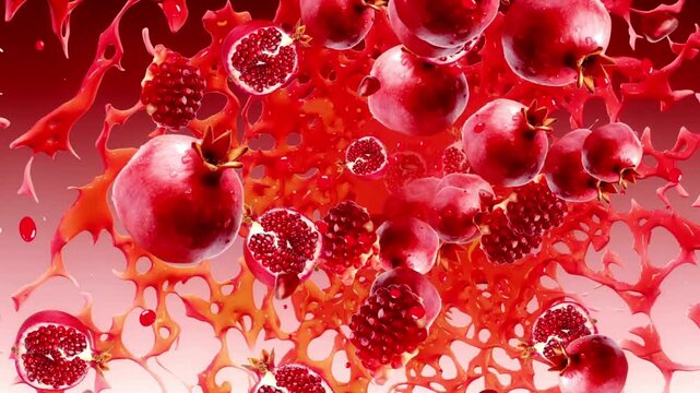 Close-up background of fresh ripe pomegranates with vibrant red seeds and rich textured skin. Detailed natural fruit surface with juicy arils creating a bold, colorful food backdrop.