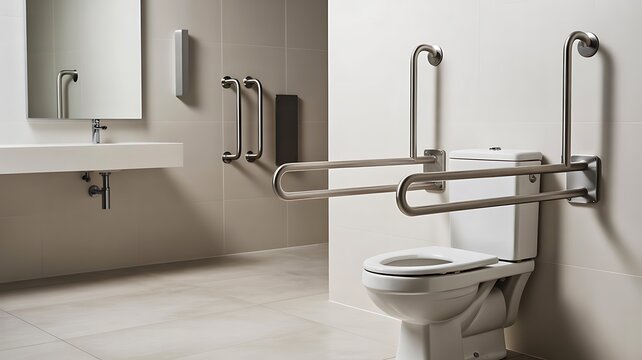 Accessible bathroom interior with toilet and grab bars for disabled friendly safety design