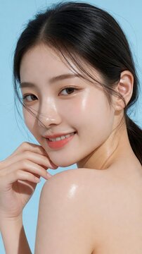 Stunning Asian Woman with Ultra Luminous Glass Skin and Dewy Finish, Beauty Concept for Hydration and Skincare Branding
